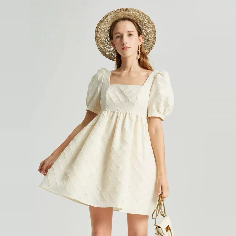 Elegant Reversible Puff Sleeve Bow Dress - Cream Textured Satin - Picture 2 of 7